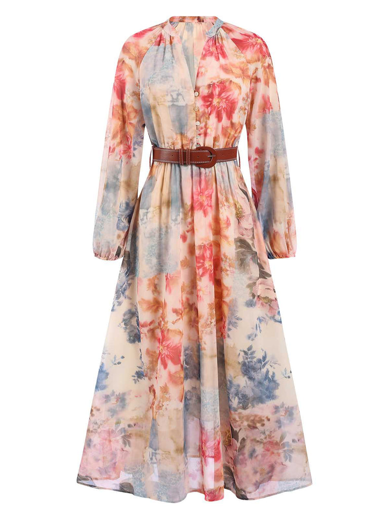 1940s Watercolor Floral Belted Maxi Dress