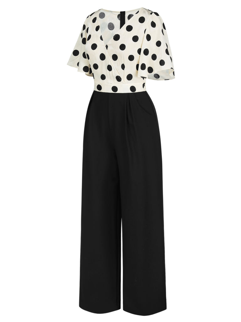 [Pre-Sale] Black 1930s Flare Sleeves Dots V-Neck Jumpsuit