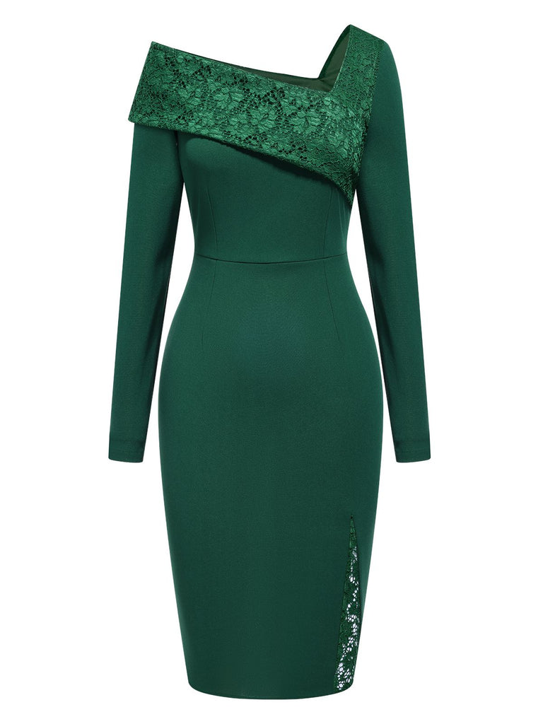 [Pre-Sale] Dark Green 1960s One-Shoulder Lace Knitted Bodycon Dress