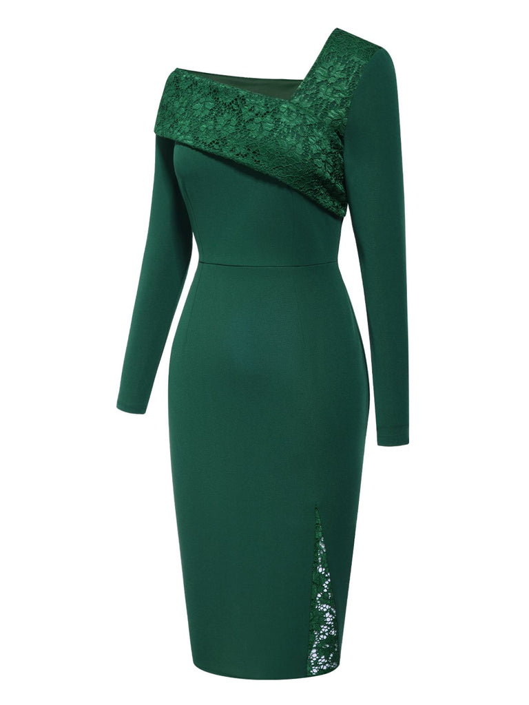 [Pre-Sale] Dark Green 1960s One-Shoulder Lace Knitted Bodycon Dress