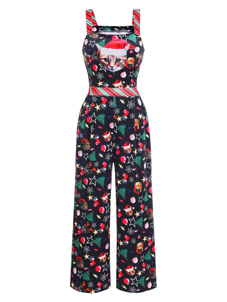 1940s Christmas Cat Spaghetti Strap Velvet Jumpsuit