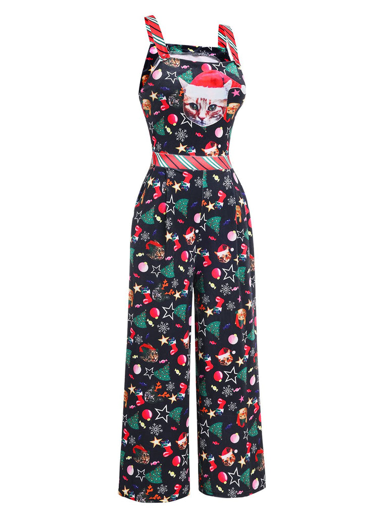 1940s Christmas Cat Spaghetti Strap Velvet Jumpsuit