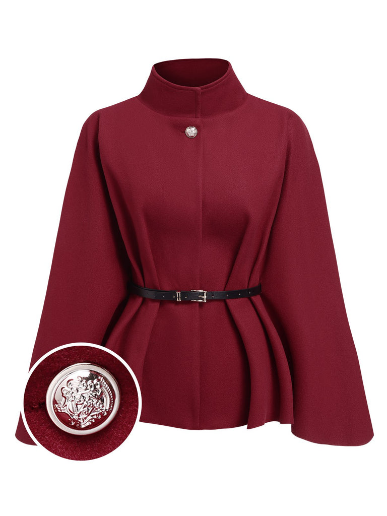 Wine Red 1960s Solid Belted Cloak Coat