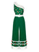 Green 1950s Christmas One Shoulder Fur Ball Belted Jumpsuit