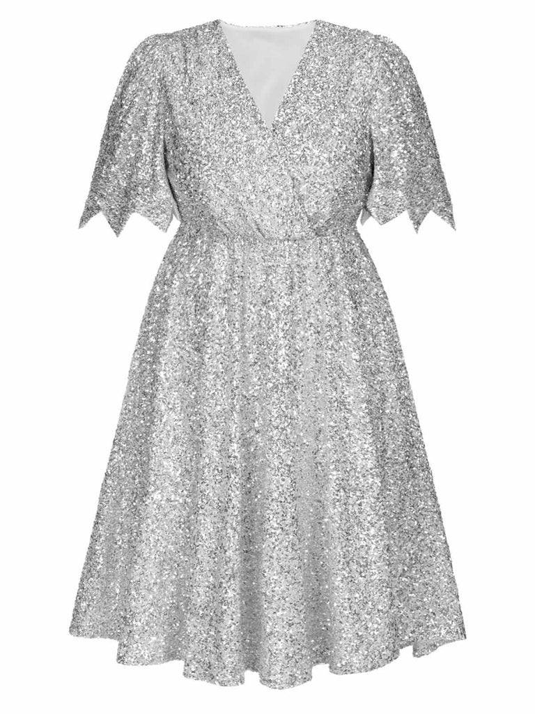 [Pre-Sale] [Plus Size] Silver 1950s Flare Sleeves V-Neck Sequin Dress