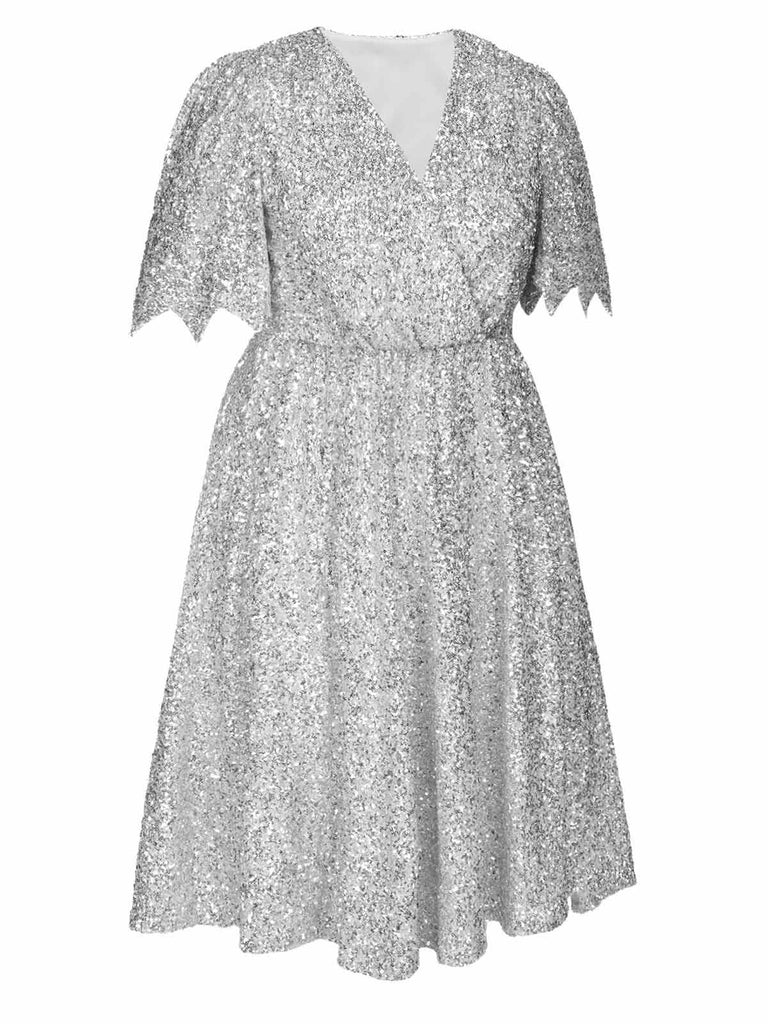 [Pre-Sale] [Plus Size] Silver 1950s Flare Sleeves V-Neck Sequin Dress