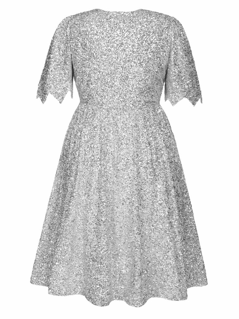 [Pre-Sale] [Plus Size] Silver 1950s Flare Sleeves V-Neck Sequin Dress