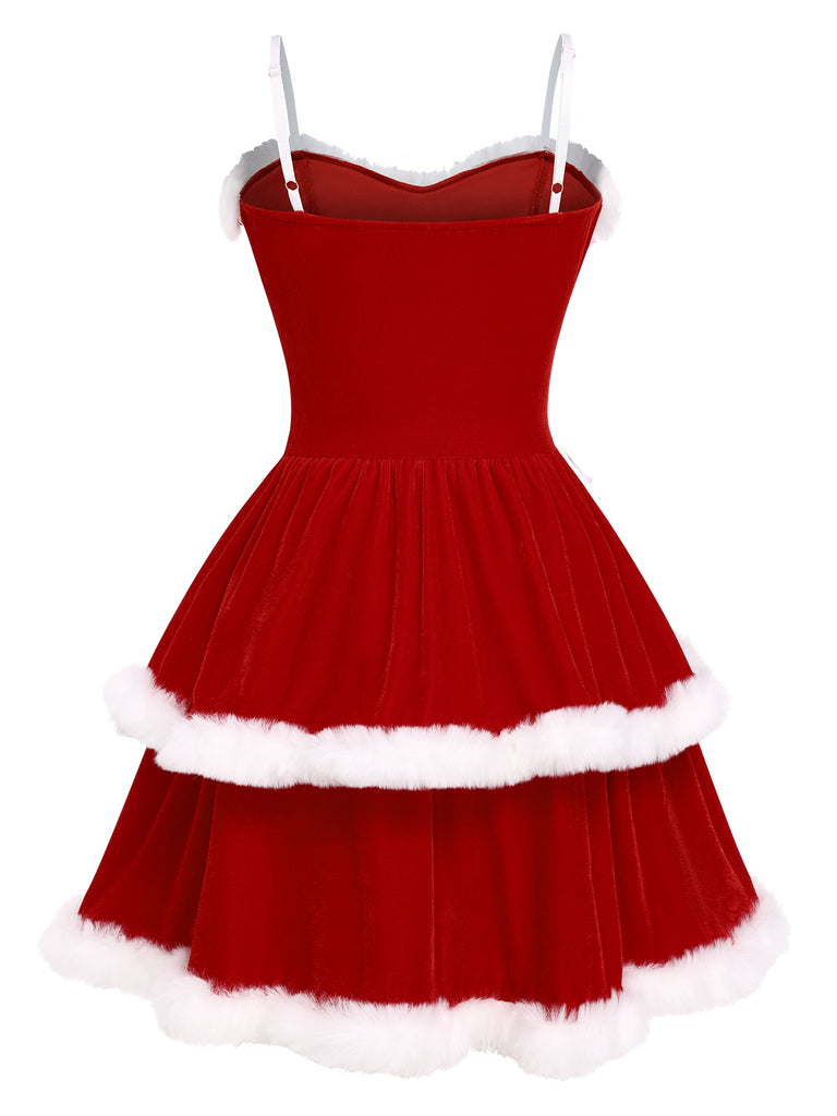 Red 1960s Christmas Velvet Double Layer Dress