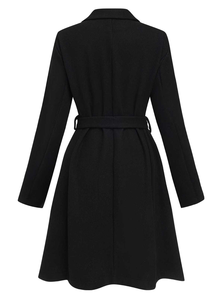 Black 1940s Double-Breasted Belted Solid Coat