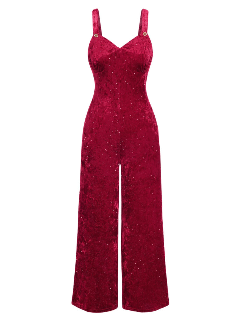 [Pre-Sale] Red 1950s V-Neck Straps Velvet Jumpsuit