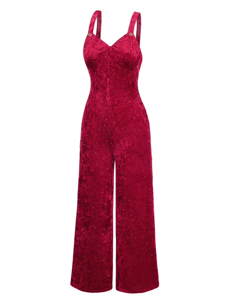 [Pre-Sale] Red 1950s V-Neck Straps Velvet Jumpsuit