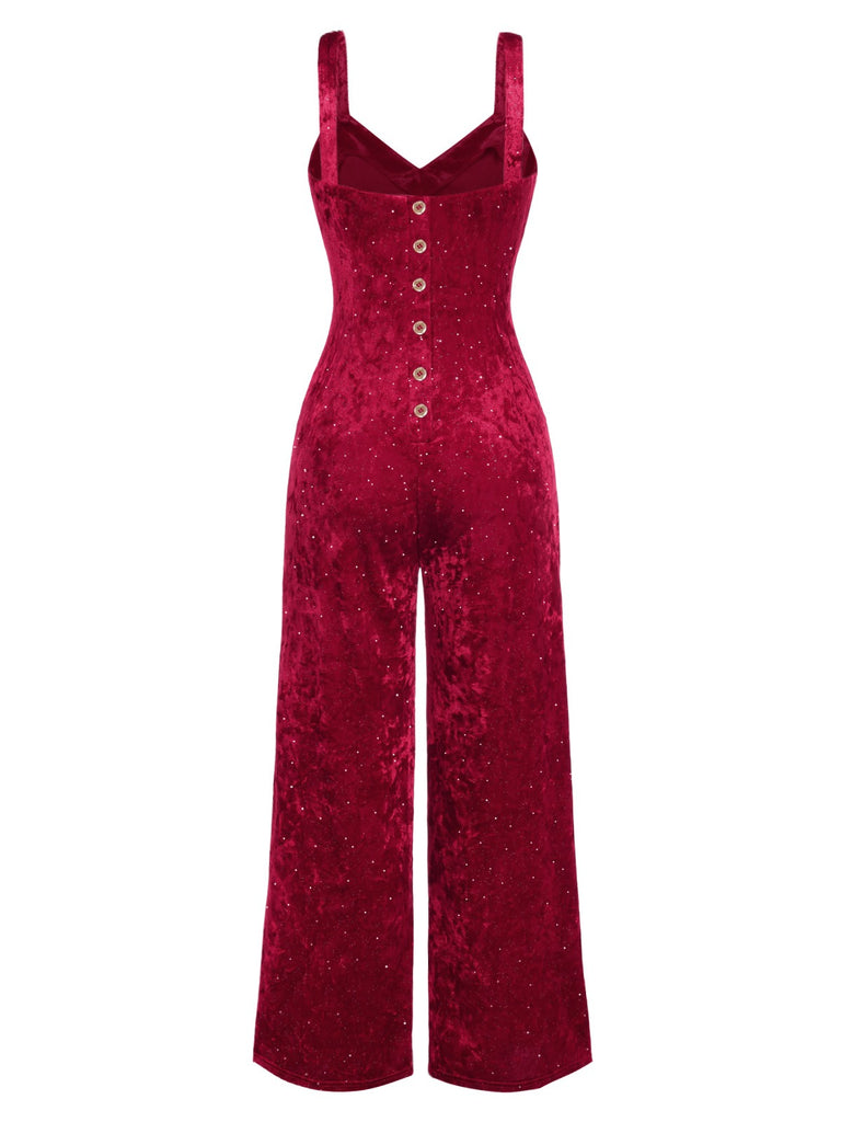 [Pre-Sale] Red 1950s V-Neck Straps Velvet Jumpsuit