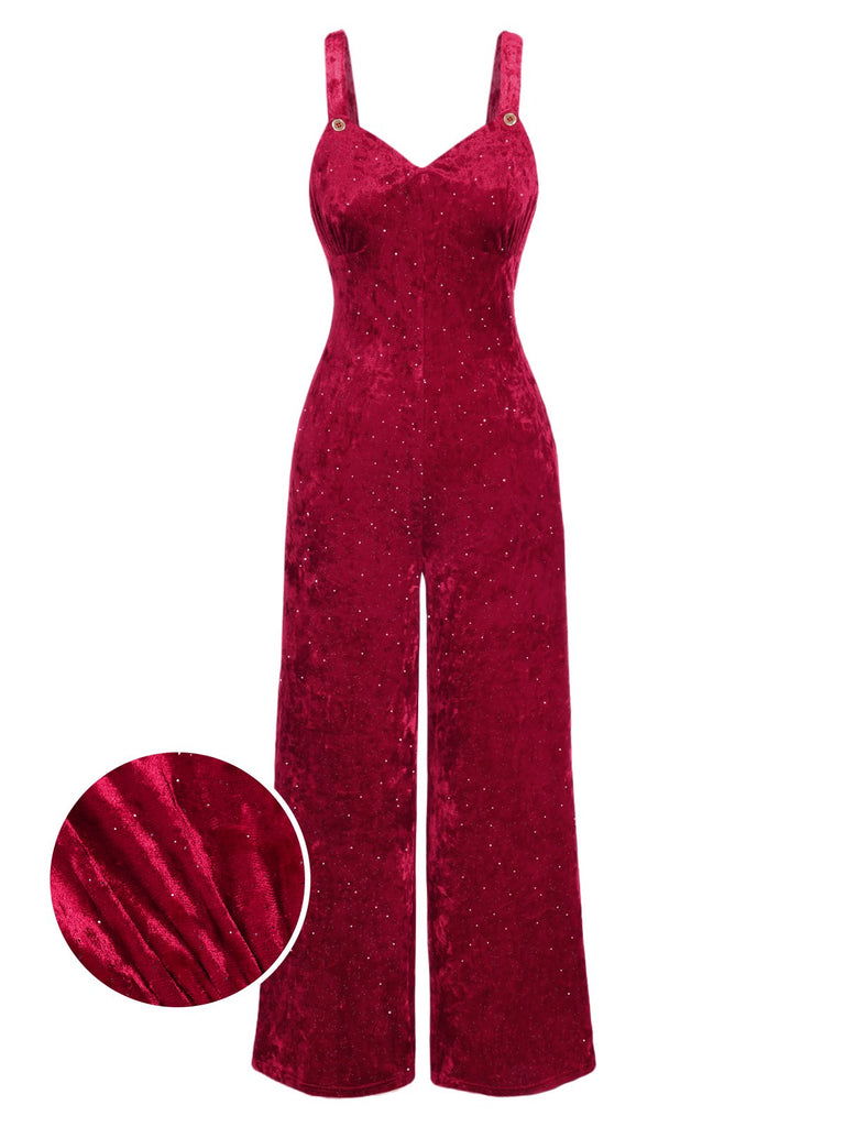 [Pre-Sale] Red 1950s V-Neck Straps Velvet Jumpsuit