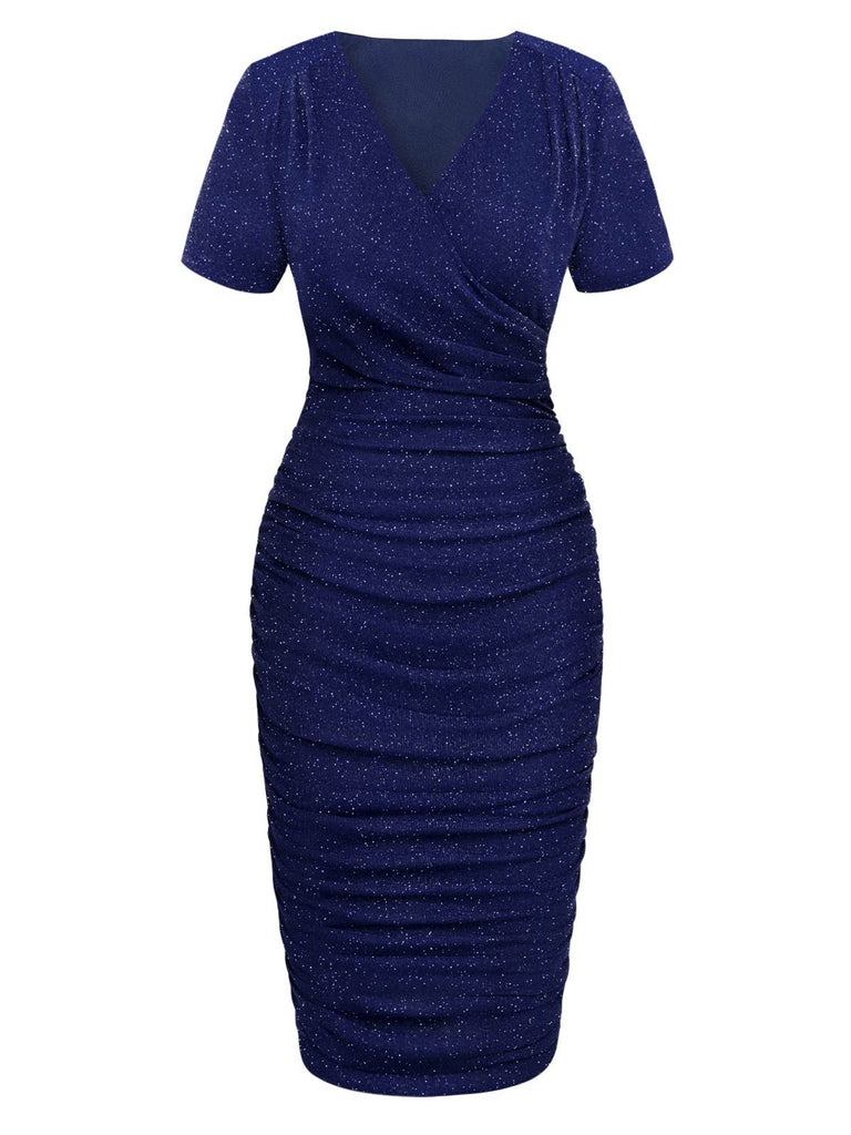 [Pre-Sale] Blue 1960s V-Neck Glitter Wrinkle Dress