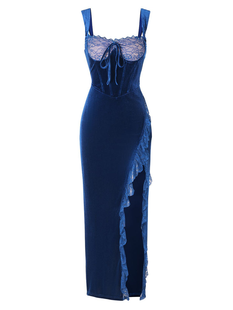 Blue 1930s Solid Velvet Lace Dress