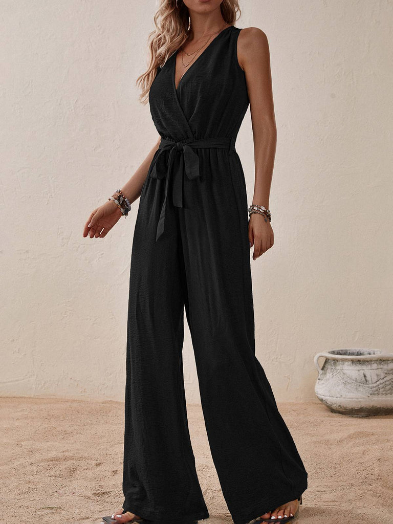 1950s Surplice V-Neck Solid Belted Jumpsuit