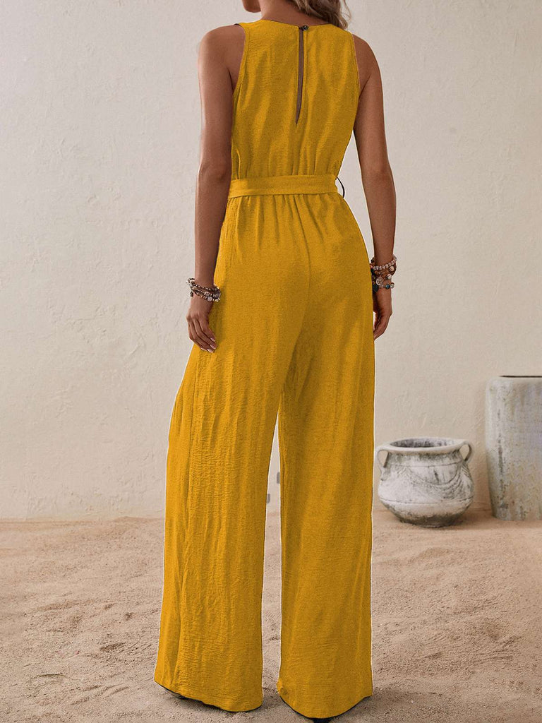 1950s Surplice V-Neck Solid Belted Jumpsuit