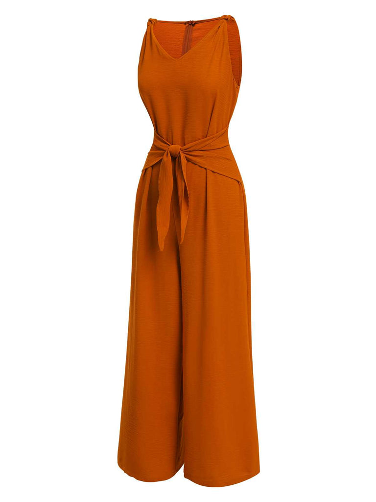 1970s V-Neck Tie-Front Solid Jumpsuit