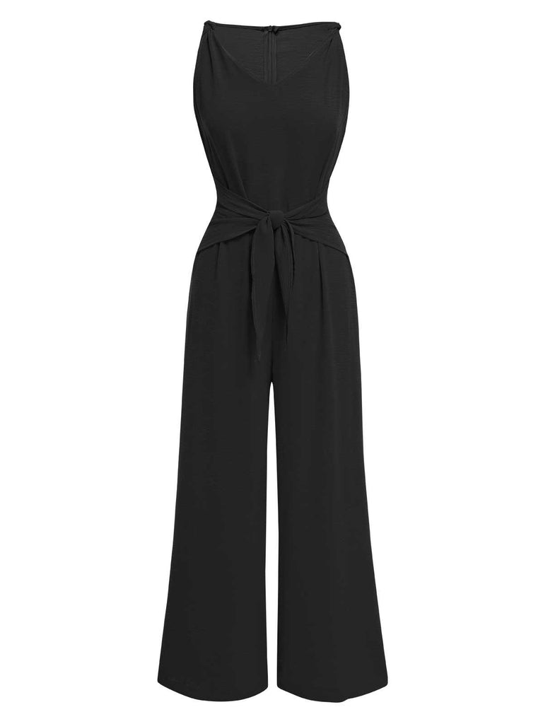 1970s V-Neck Tie-Front Solid Jumpsuit