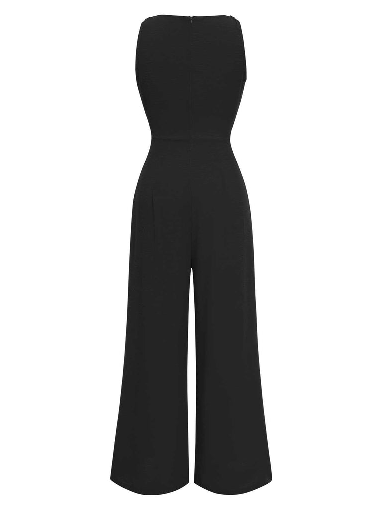 1970s V-Neck Tie-Front Solid Jumpsuit