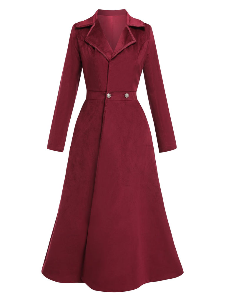 Wine Red 1930s Solid Suede Lapel Long Coat