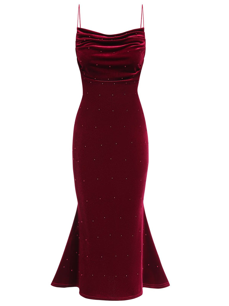 Wine Red 1930s Beaded Velvet Sling Fishtail Dress