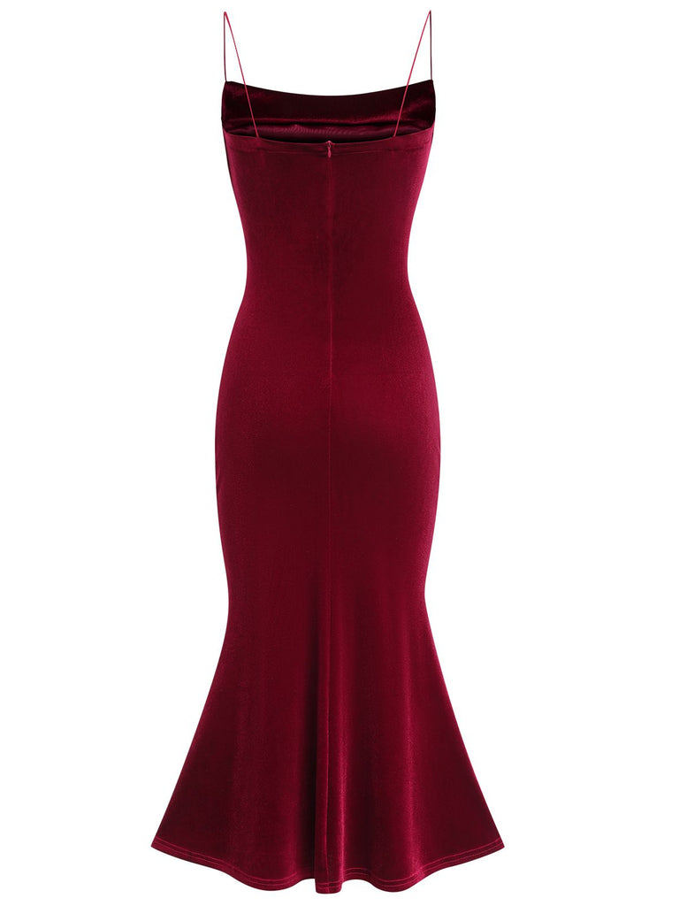 Wine Red 1930s Beaded Velvet Sling Fishtail Dress