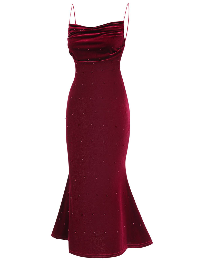 Wine Red 1930s Beaded Velvet Sling Fishtail Dress