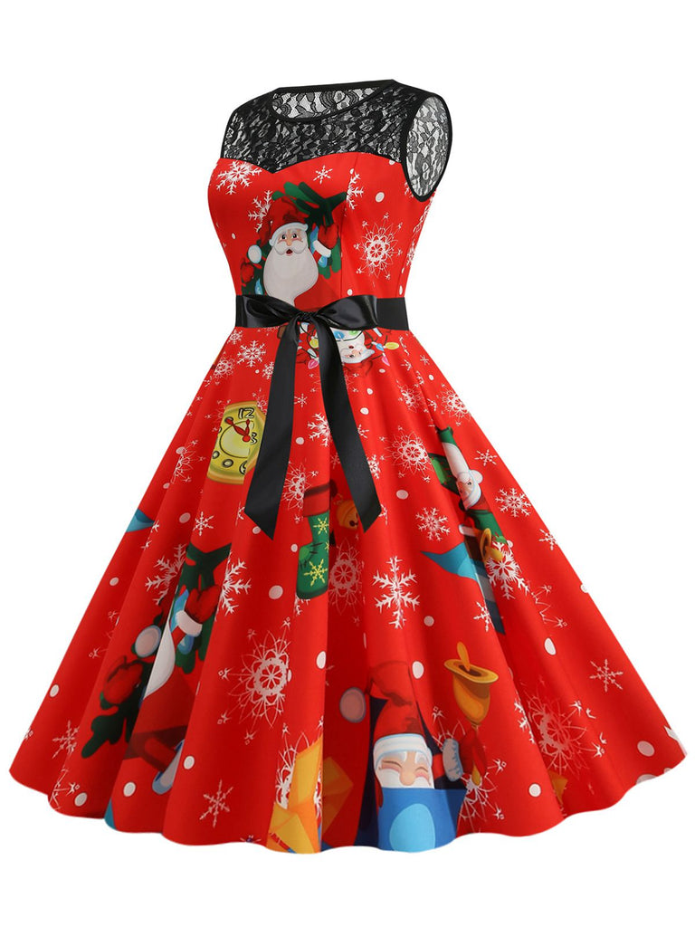 Red 1950s Santa Claus Lace Patchwork Dress