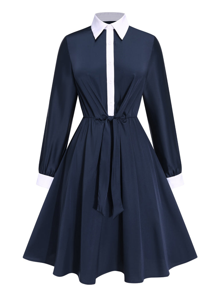 [Pre-Sale] Blue 1940s Lapel Satin Lace-Up Dress