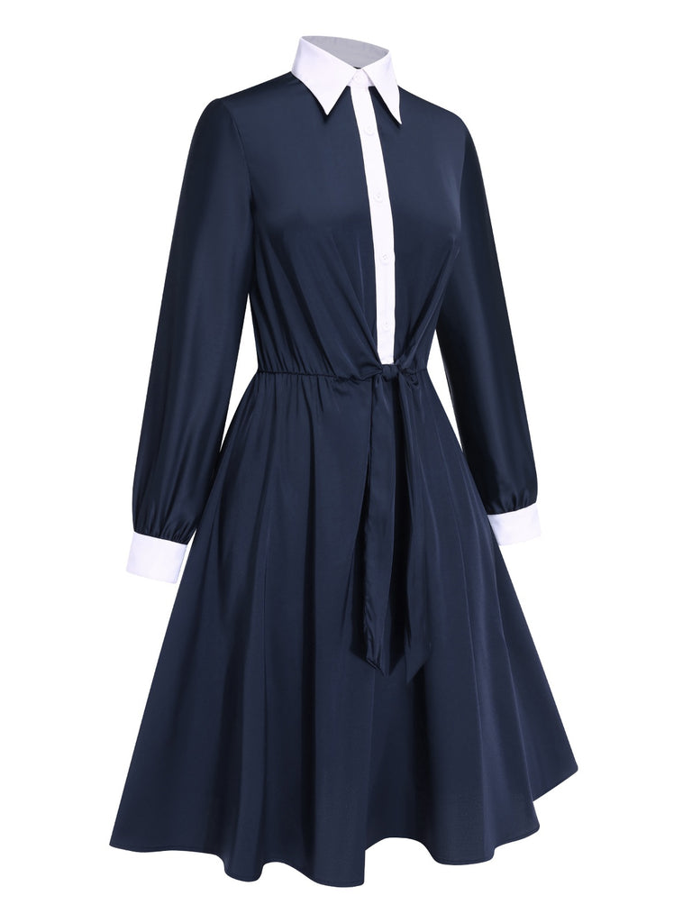 [Pre-Sale] Blue 1940s Lapel Satin Lace-Up Dress