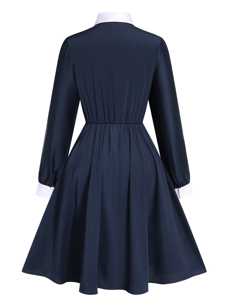 [Pre-Sale] Blue 1940s Lapel Satin Lace-Up Dress