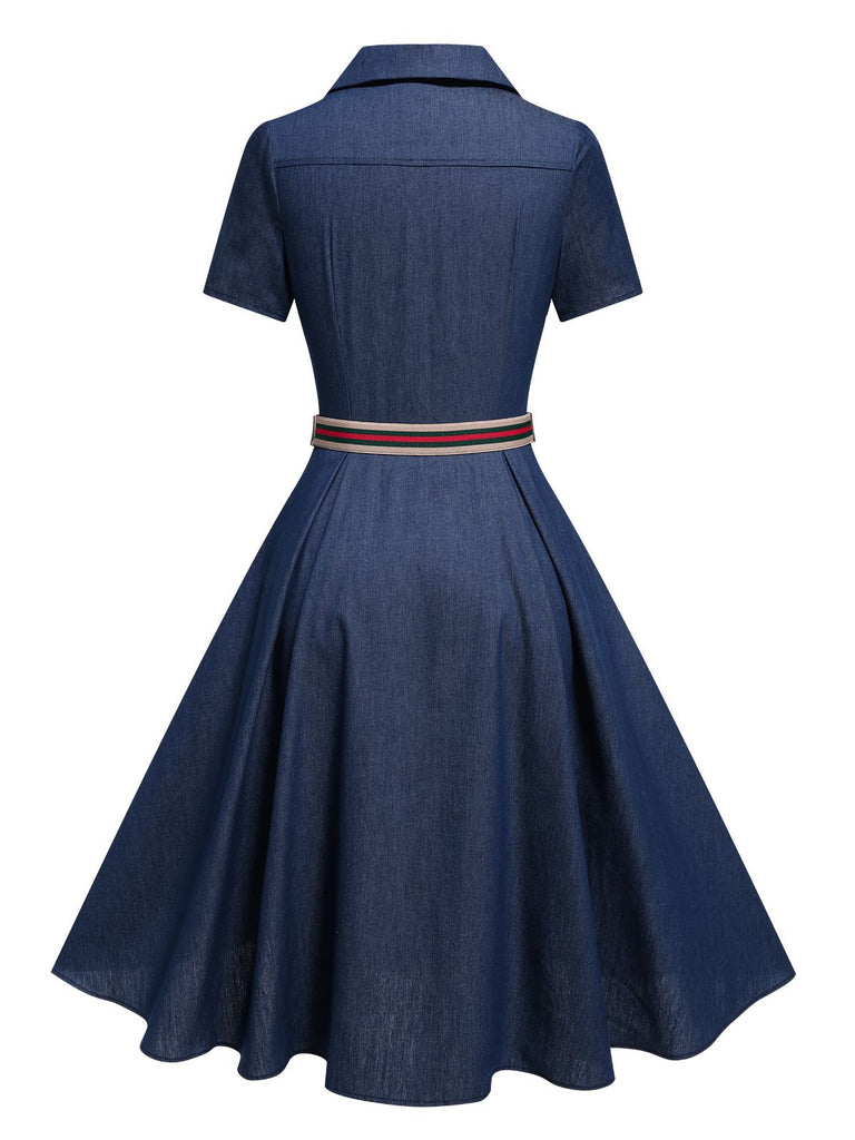 [Pre-Sale] Blue 1970s Lapel Solid Denim Dress