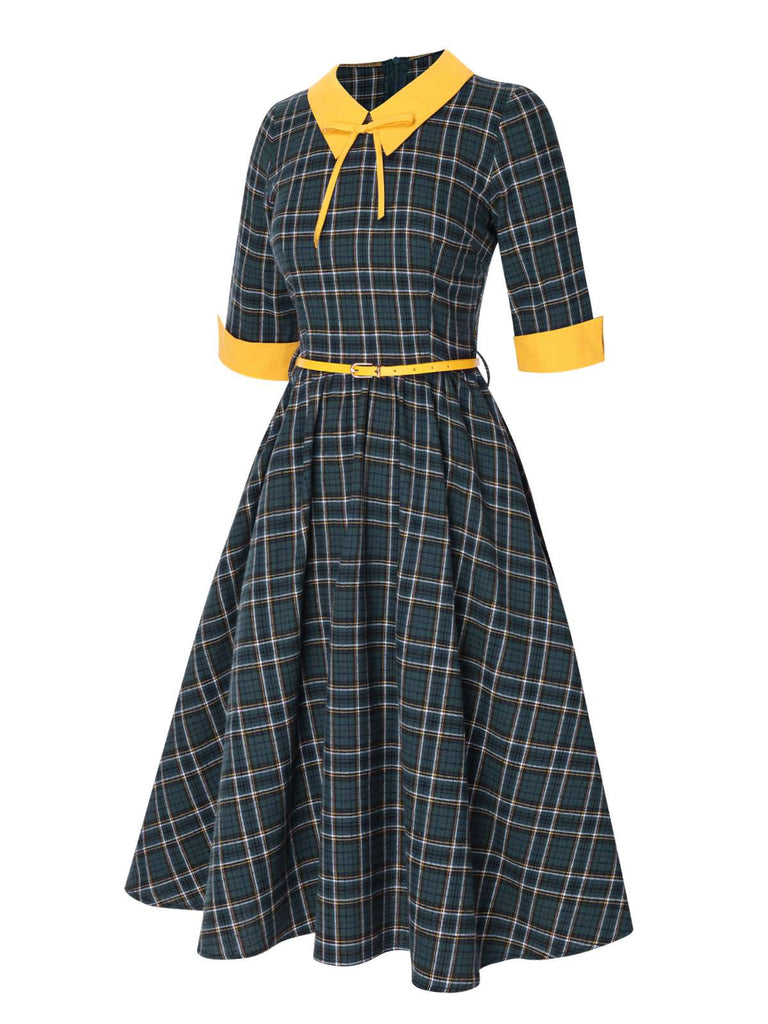 [Pre-Sale] 1950s Lapel Tartan Plaid Colorblock Dress