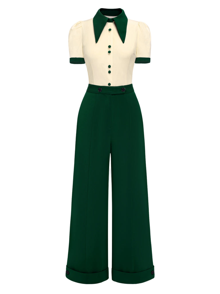 2PCS 1950s Lapel Button Blouse & High Waist Pants