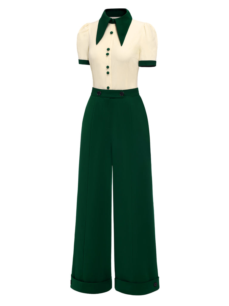 2PCS 1950s Lapel Button Blouse & High Waist Pants