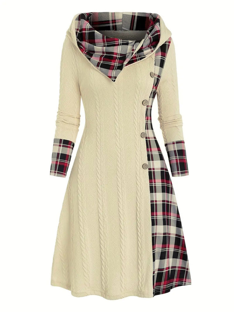 White 1950s Plaid Knit Hooded Dress