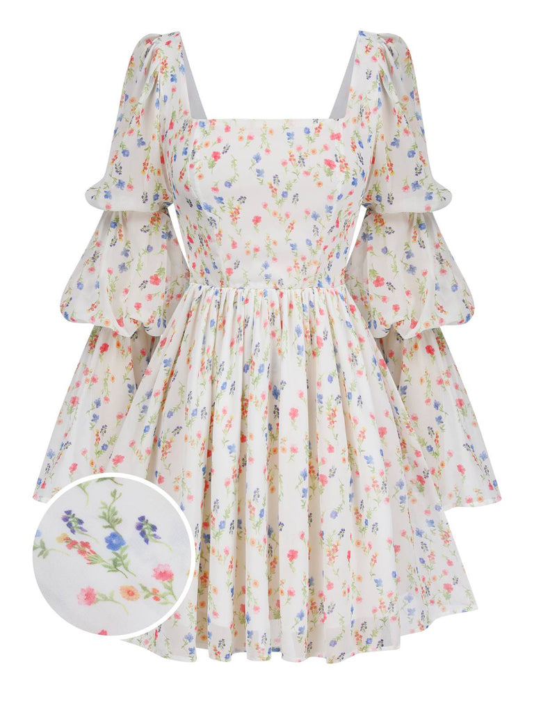 White 1960s Square Neck Puff Ditsy Floral Dress