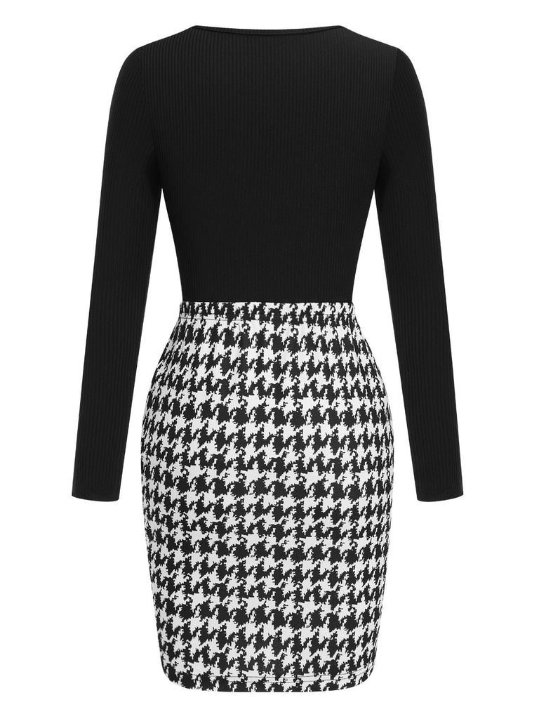 2PCS 1960s Solid Knitted Top & Houndstooth Skirt