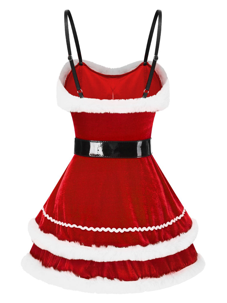 1960s Plush Trim Santa Claus Cosplay Straps Dress