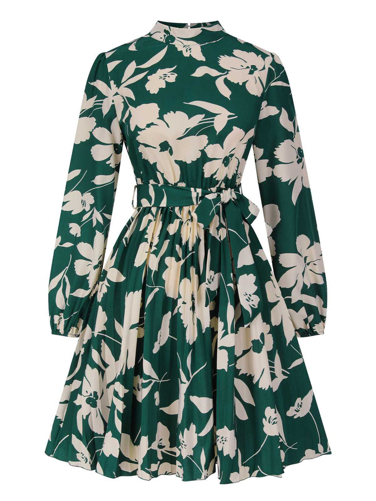 1940s Floral Belted Pleated Dress