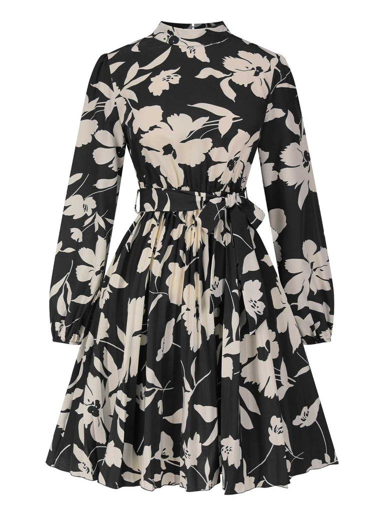 1940s Floral Belted Pleated Dress