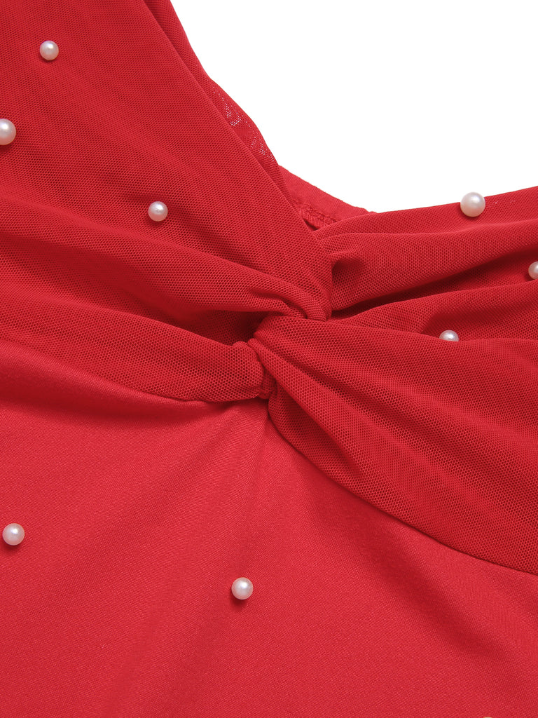 Red 1960s Solid Pearl Off Shoulder Dress