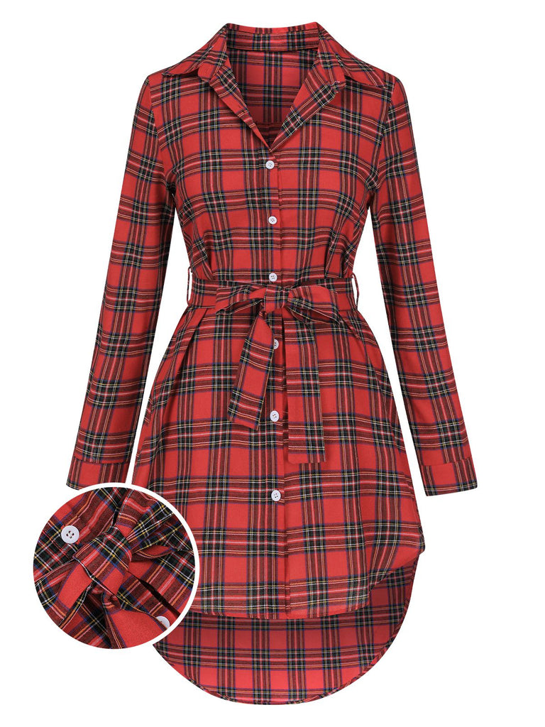 Red 1940s Lapel Plaids High-Low Hem Belted Coat