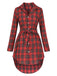 Red 1940s Lapel Plaids High-Low Hem Belted Coat