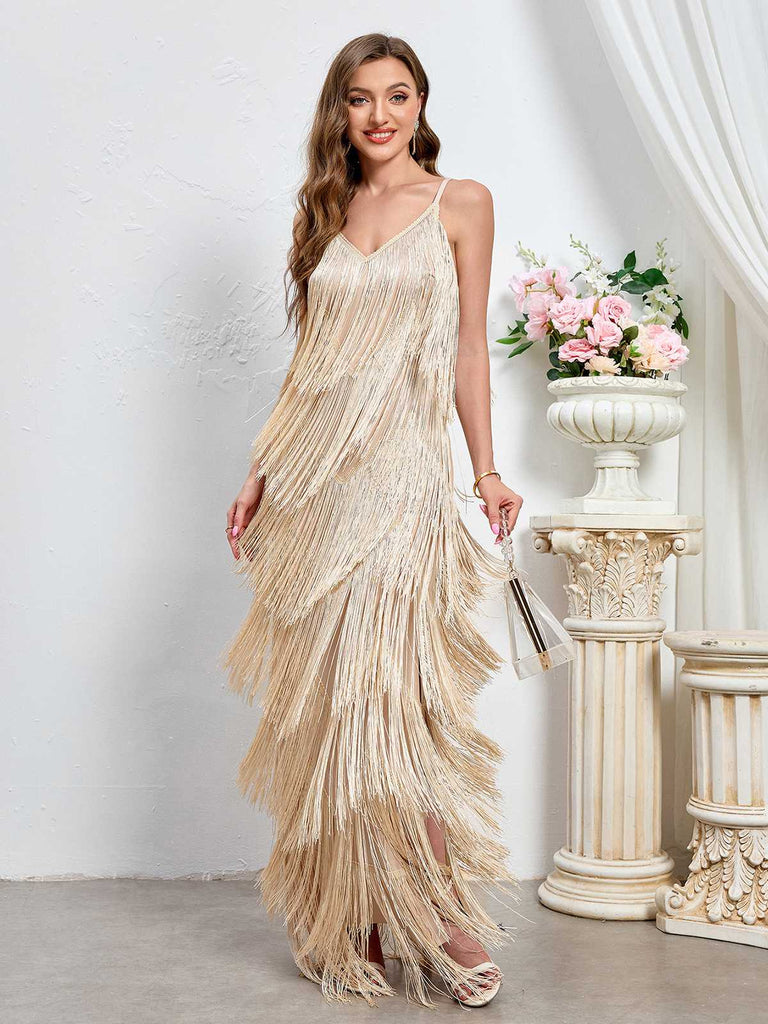 Beige 1920s Tassel Spaghetti Straps Maxi Dress