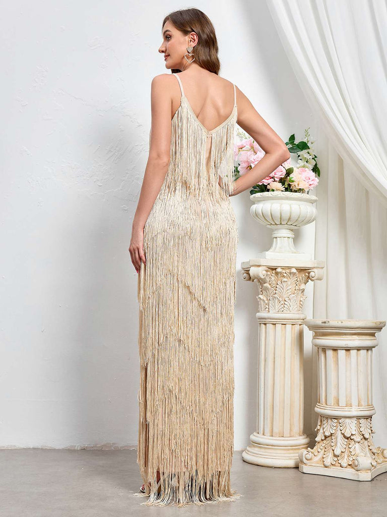 Beige 1920s Tassel Spaghetti Straps Maxi Dress