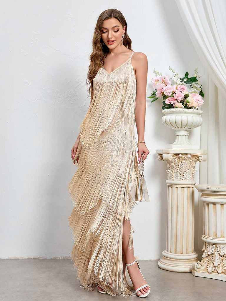 Beige 1920s Tassel Spaghetti Straps Maxi Dress