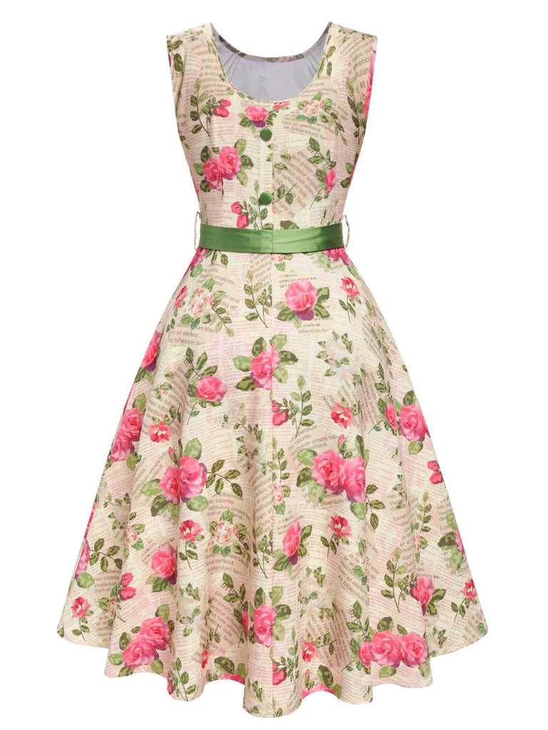 Multicolor 1950s Rose Pictorial Belted Dress