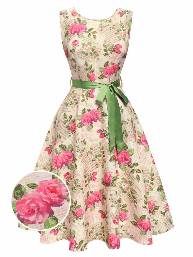 Multicolor 1950s Rose Pictorial Belted Dress